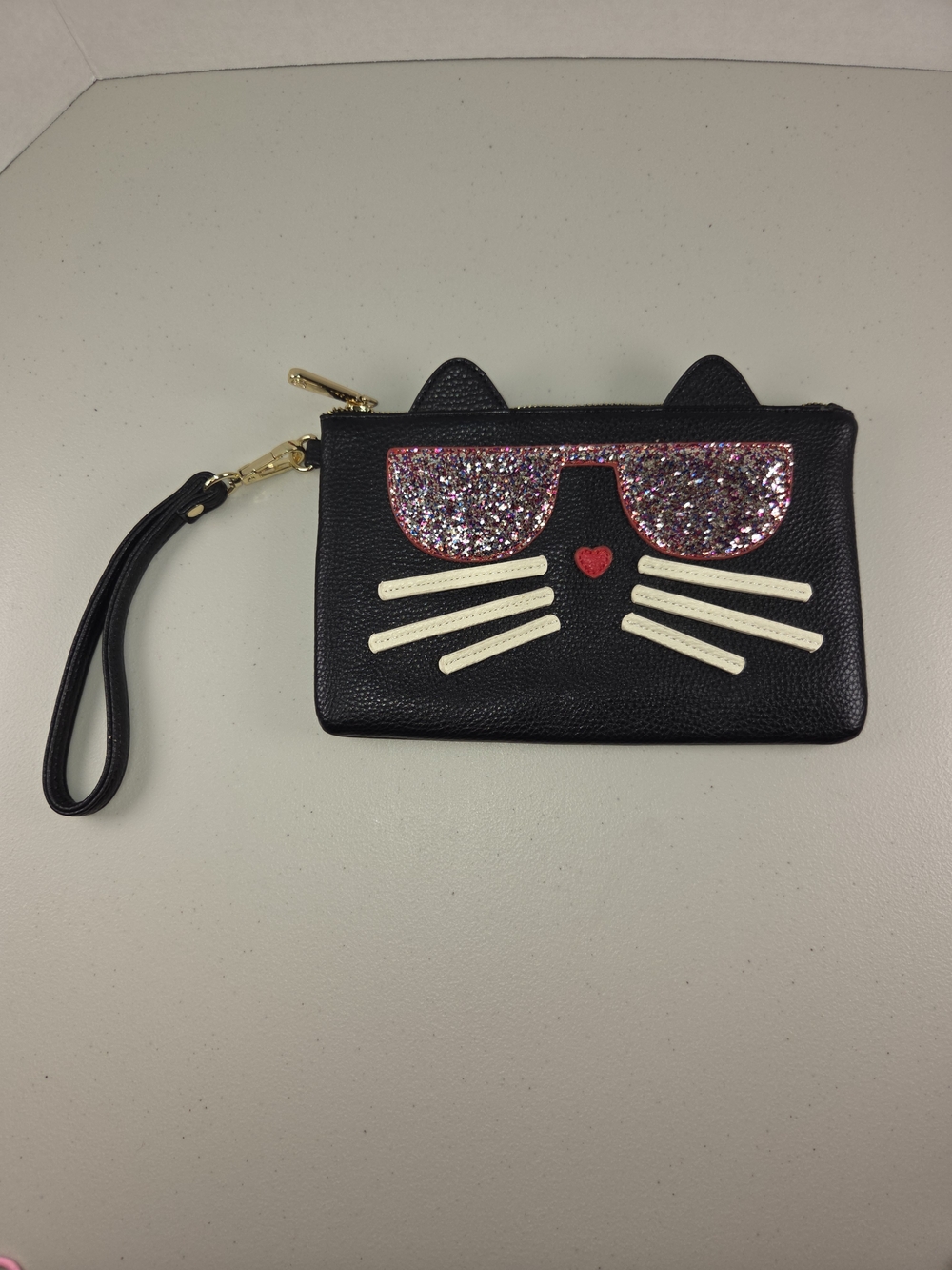 Charming Charlie Black Cat Wristlet with Pink Glitter Sunglasses